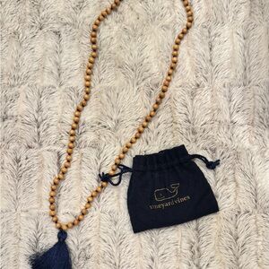 Vineyard Vines Wooden Bead Necklace with Dark Blue Tassel